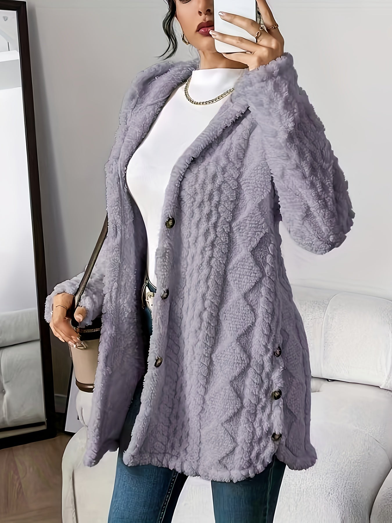 CYC Plüsch-Strickjacke mit Kapuze und Jacquardmuster