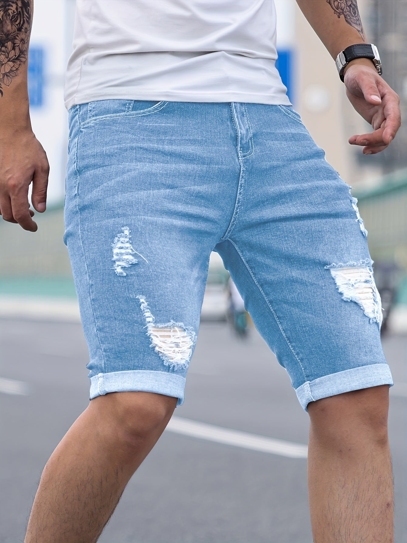Ripped Skinny Denim Shorts - Cafe y Calle