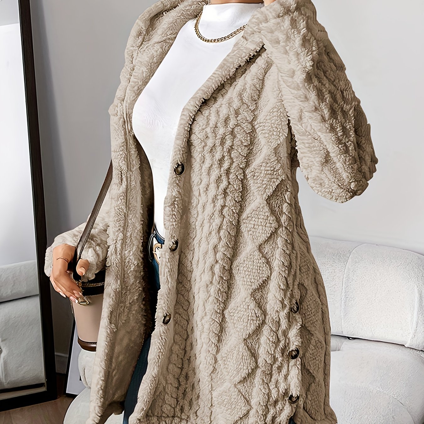 CYC Plüsch-Strickjacke mit Kapuze und Jacquardmuster