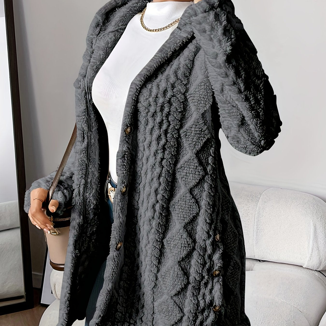 CYC Plüsch-Strickjacke mit Kapuze und Jacquardmuster